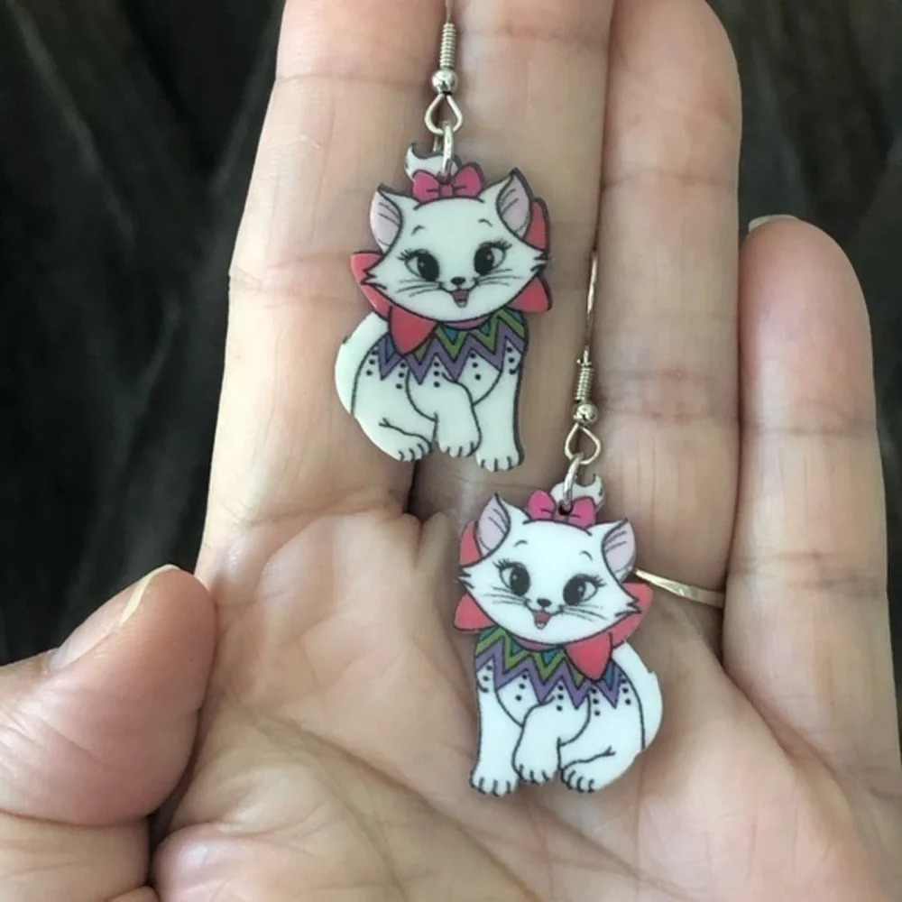 Cute Colorful Pink Bow White Kitty Cat Drop Earrings NWT
